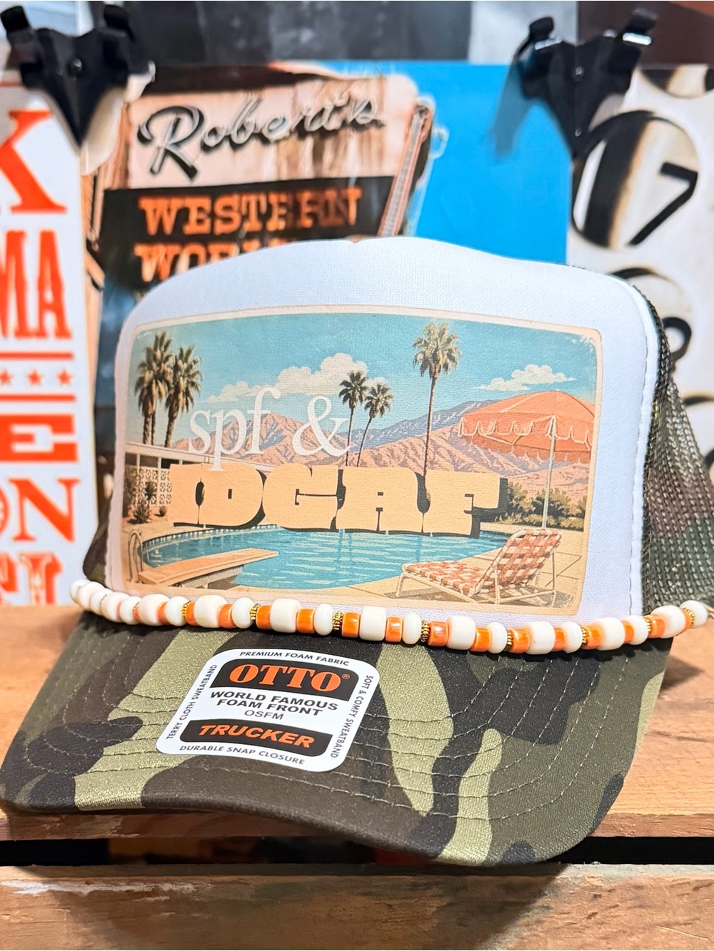 OTTO Camo Trucker Hat with Vintage Pool Graphic and Bead Trim